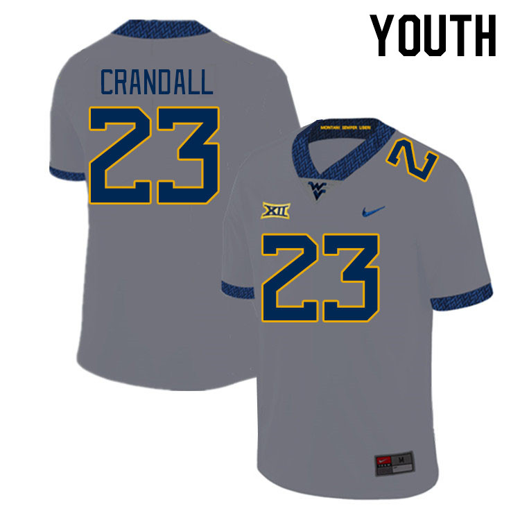 Youth #23 TJ Crandall West Virginia Mountaineers College Football Jerseys Stitched Sale-Grey